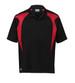 A black polo shirt with red spliced accents and a logo on the chest. Suitable for youth wear.