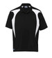 A black polo shirt with white spliced design and a collar, featuring a logo.