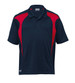 A navy blue polo shirt featuring red spliced panels and a logo on the chest. Suitable for youth sizes.