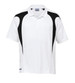 A white polo shirt with black spliced accents and a logo on the chest. Features a classic collar and short sleeves.