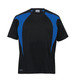 A black T-shirt with blue spliced panels and a logo on the front.