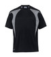 A black T-shirt with grey spliced panels and a logo on the front. Short-sleeved and athletic fit.