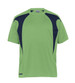 A green and navy spliced T-shirt with short sleeves, featuring a logo on the front.