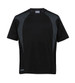 A black and dark grey youth T-shirt featuring spliced design and a logo. Suitable for active wear.