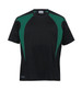 A black T-shirt with green spliced panels, featuring a logo on the lower side. Suitable for youth wear.