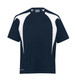 A navy and white spliced T-shirt featuring a logo, designed for youth athletic wear.