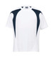 A white T-shirt with navy spliced accents and a logo on the front. Suitable for youth activities.