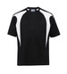 A black and white spliced T-shirt with a logo, featuring short sleeves and a sporty design.