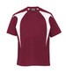 A maroon T-shirt with white spliced design features and a logo on the side.