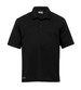 A black polo shirt with short sleeves and a collar, featuring a logo.