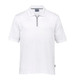 A white polo shirt with a zip collar and a branding logo.