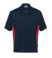 A navy polo shirt with red side panels, featuring a logo on the chest.