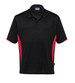A black polo shirt with red side panels, featuring a collar and a logo on the upper part.