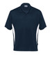 A navy polo shirt featuring white side panels and a collar, with a branding logo.