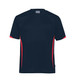 A navy blue t-shirt with red side stripes and a logo, made from moisture-wicking fabric.