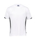 A white T-shirt with black side accents and short sleeves, featuring a logo.