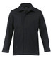 A black soft shell jacket with a collar and front pockets, featuring a logo on the chest area.