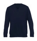 A dark navy Merino wool Vee pullover sweater featuring long sleeves and a classic fit.