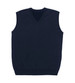A navy blue sleeveless vest with a V-neck design and a ribbed hem. Features a logo on the side.