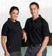 A black short sleeve polo shirt for men, featuring a logo, displayed on a male and female model.