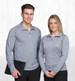 A grey Merino zip pullover for men and women, featuring a zip neck and long sleeves. The image includes a logo.