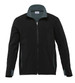 A black soft shell jacket for men with a zip closure and contrasting grey trim. Features a collar and has a logo.