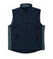 A navy and grey vest with a high collar and zippered pockets, featuring a logo.