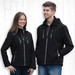 A black soft-shell jacket featuring a hood, multiple zippered pockets, and a stylish design for both men and women.