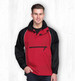 A red and black nylon jacket with a zippered pocket and a stand-up collar, featuring a logo.