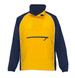 A yellow and navy Nylon Jac Pac jacket with a front zip pocket and a stand-up collar. It features a logo.