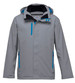 A grey soft shell jacket featuring blue accents and a hood, with multiple zippered pockets and branding.