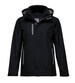 A soft shell jacket in black, featuring a hood and zippered pockets, with a logo on the chest.
