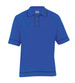 A blue men's retro waffle polo shirt with black piping and a three-button collar. Features a logo.