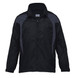 A black rain jacket with grey accents, featuring a zip front and a collar. It has a logo on the chest area.