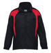 A black and red rain jacket with a zip front and a logo on the chest.