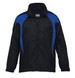 A black rain jacket featuring blue accents and a full zip front. It includes a collar and has a logo on it.