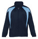 A navy and light blue jacket featuring a spliced design and a logo on the front.
