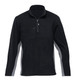 A black jumper with grey side panels and a zip collar, featuring a small pocket on the front. It includes a logo.