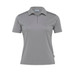A women's polo shirt in grey with a zip collar and short sleeves. It features a logo on the chest.