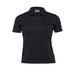 A black women's polo shirt with a collar and a quarter zip, featuring branding on the label.