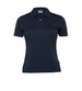 A navy women's polo shirt with a zip collar and a logo on the chest, featuring short sleeves and a classic fit.