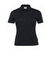 A women's black polo shirt with a ribbed texture and a logo on the collar.