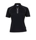 A black women's polo shirt with a quarter zip and contrasting piping, featuring a logo on the sleeve.
