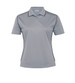 A women's polo shirt in light grey with black accents and a branding logo on the top.