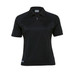 A black women's polo shirt with a zip collar and short sleeves, featuring a logo on the side.