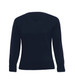 A women's knitted jumper in deep navy blue with a V-neckline and long sleeves. It features a simple design and has a logo.