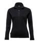 A black Merino zip pullover for women, featuring a quarter zip and long sleeves. It has a branding logo on the collar.