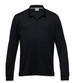 A black long sleeve polo shirt with a collar, featuring a branding logo.