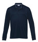A navy long sleeve polo shirt featuring a collar and a logo on the front.