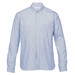 A button-up shirt in blue and white check pattern with long sleeves and a collar. Features a logo.